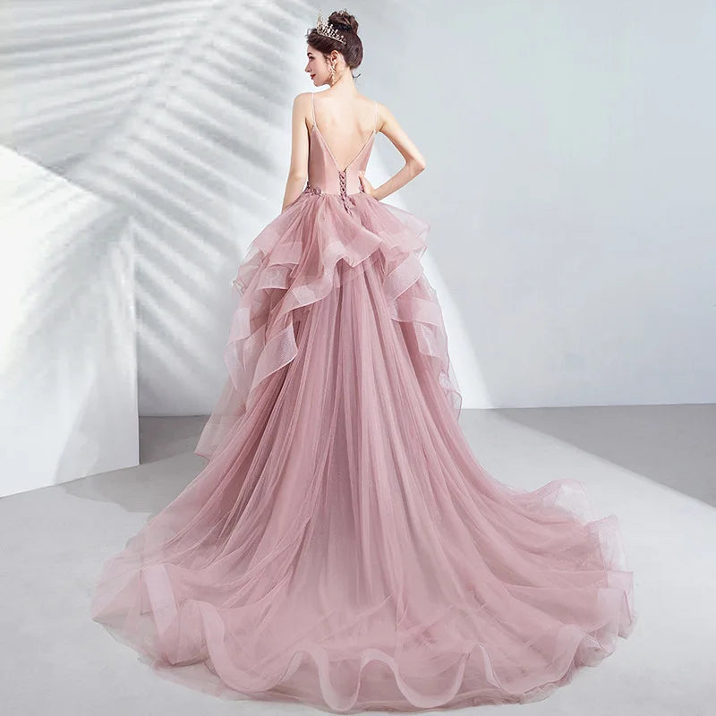 Unique  Pink Wedding dress  Puffy A Line Quinceanera Dresses V Neck Appliques Spaghetti Strap Tiered Ruffles Prom Gown  graduati