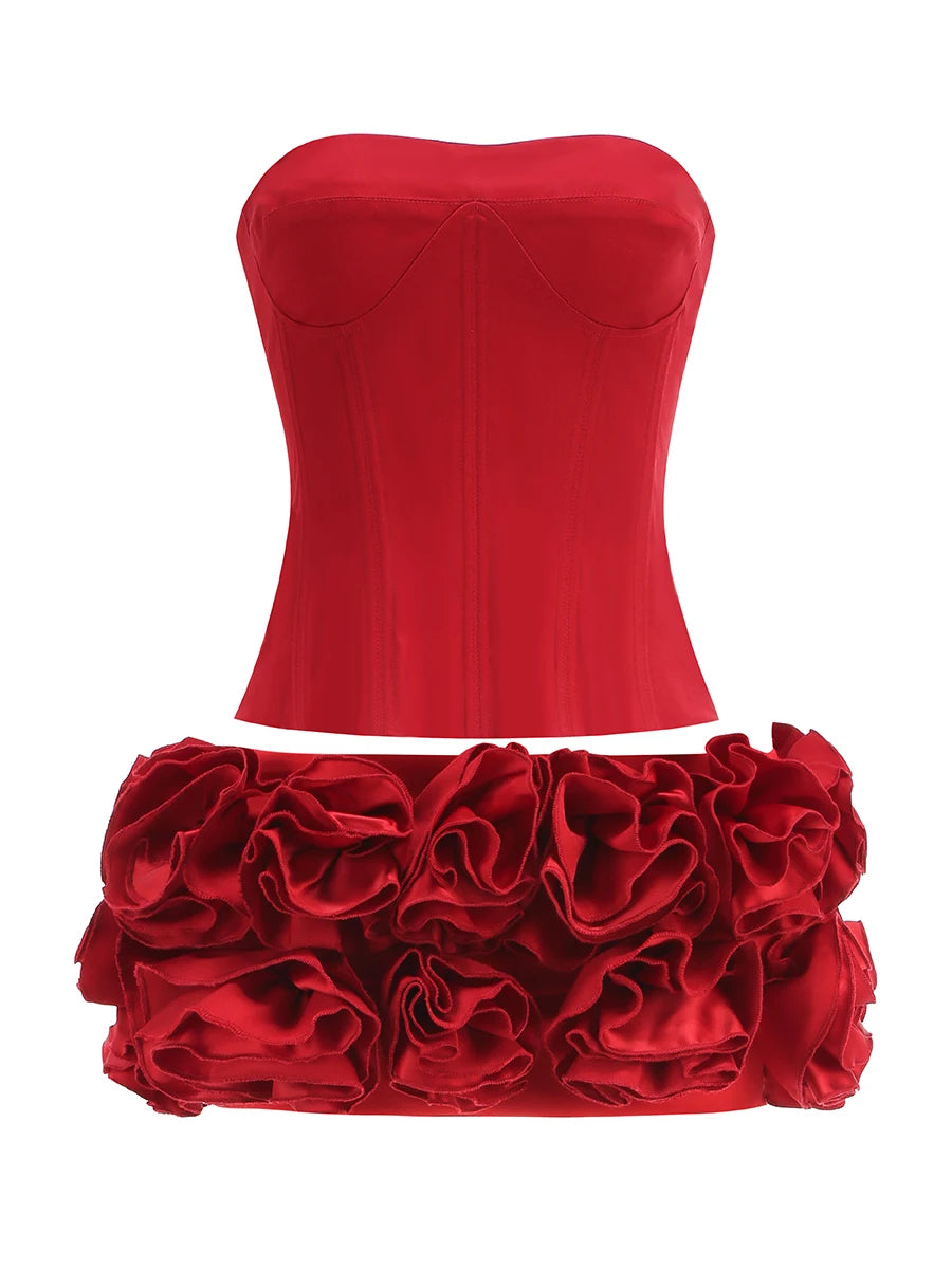 Brithday Skirts Set Christmas Sets for Women 2 Pieces Red Flower Wedding Guest Woman Gowns Prom Dresses Luxury Women's Suits