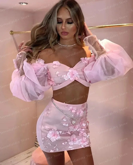 Baby Pink Off Shouder Dress Two Piece Sets Appliques Floral Gown Mini Length See Through Chiffon Dresses 3D Flowers Clothes 